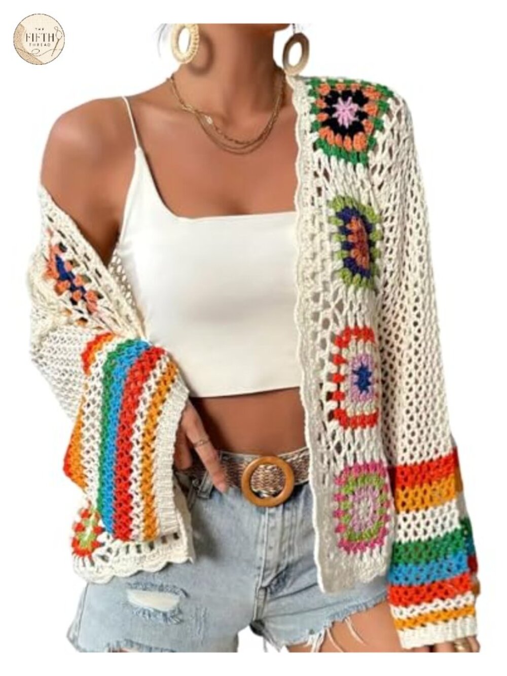 Crochet Cardigan Boho Floral Hollow Out Sweater Long Sleeve Open Front